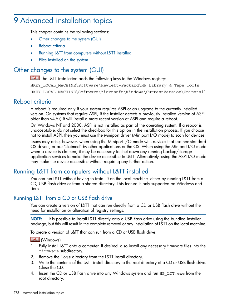 9 advanced installation topics, Other changes to the system (gui), Reboot criteria | Running l&tt from computers without l&tt installed, Running l&tt from a cd or usb flash drive, Running | HP StoreEver TapeAssure Software User Manual | Page 178 / 213