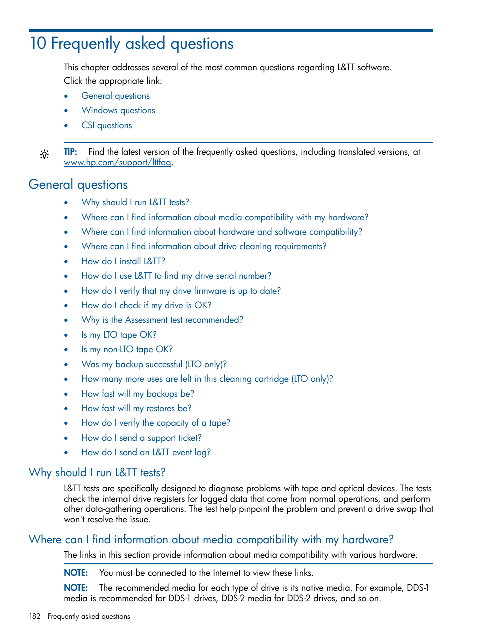 10 frequently asked questions, General questions, Why should i run l&tt tests | HP StoreEver TapeAssure Software User Manual | Page 182 / 213