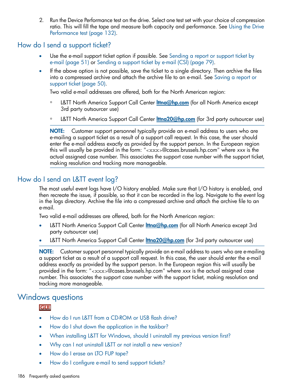 How do i send a support ticket, How do i send an l&tt event log, Windows questions | HP StoreEver TapeAssure Software User Manual | Page 186 / 213