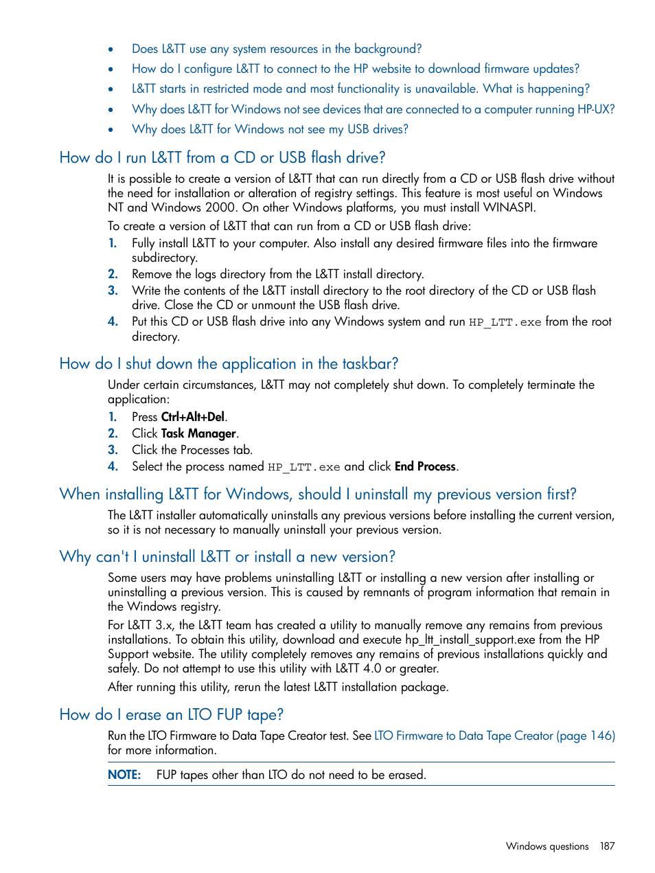 How do i run l&tt from a cd or usb flash drive, How do i shut down the application in the taskbar, How do i erase an lto fup tape | How do i run l&tt from a cd-rom or usb flash drive | HP StoreEver TapeAssure Software User Manual | Page 187 / 213