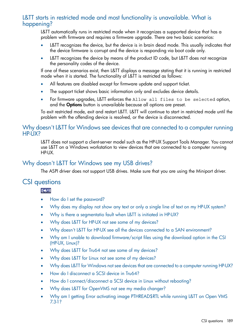 Why doesn't l&tt for windows see my usb drives, Csi questions, Why does l&tt for windows not see my usb drives | HP StoreEver TapeAssure Software User Manual | Page 189 / 213