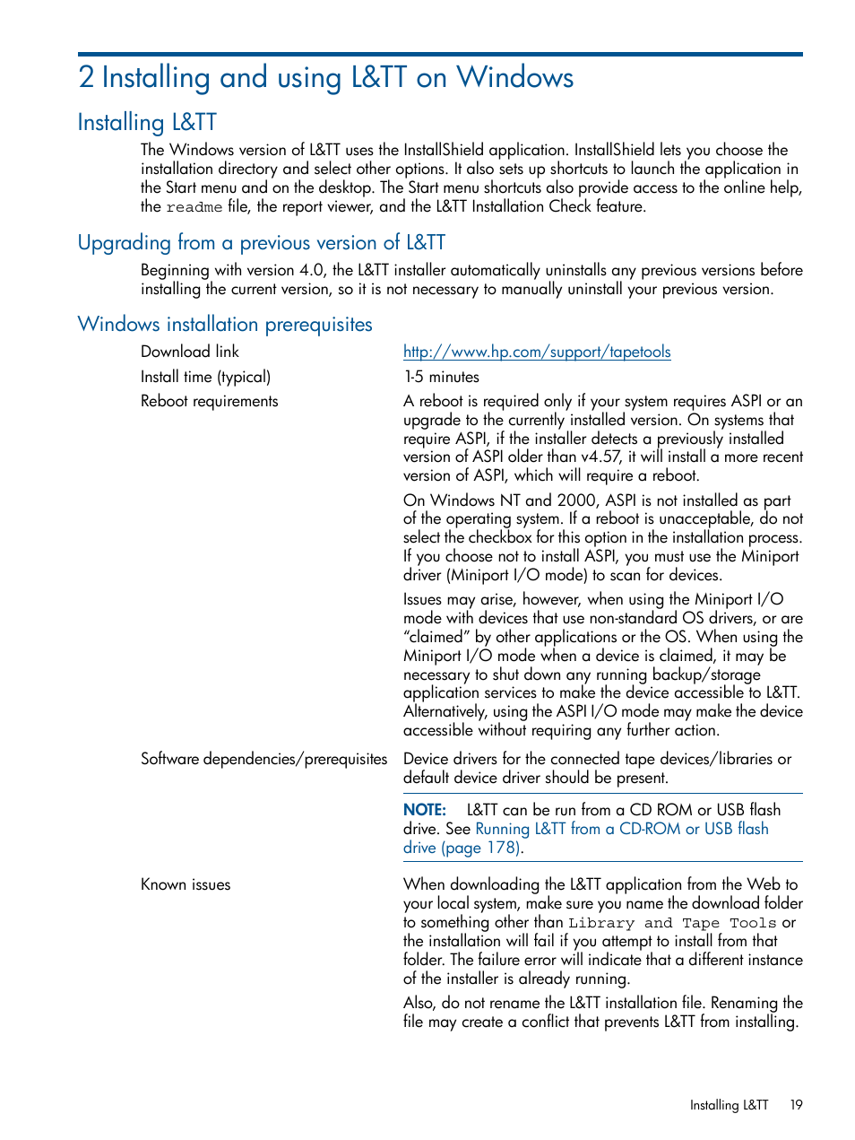 2 installing and using l&tt on windows, Installing l&tt, Upgrading from a previous version of l&tt | Windows installation prerequisites | HP StoreEver TapeAssure Software User Manual | Page 19 / 213