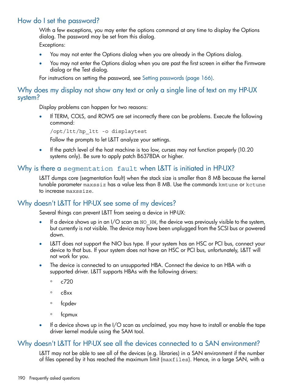 How do i set the password, Why doesn't l&tt for hp-ux see some of my devices, Why does l&tt for hp-ux not see some of my devices | HP StoreEver TapeAssure Software User Manual | Page 190 / 213