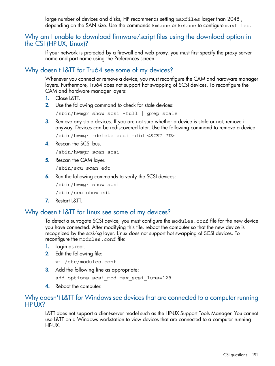 Why doesn't l&tt for tru64 see some of my devices, Why doesn't l&tt for linux see some of my devices, Why does l&tt for tru64 not see some of my devices | Why does l&tt for linux not see some of my devices | HP StoreEver TapeAssure Software User Manual | Page 191 / 213