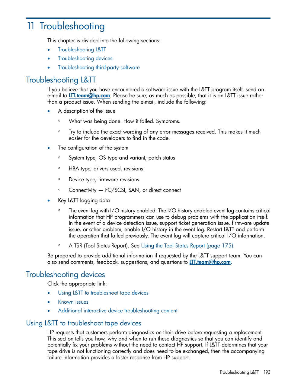 11 troubleshooting, Troubleshooting l&tt, Troubleshooting devices | Using l&tt to troubleshoot tape devices, Troubleshooting l&tt troubleshooting devices | HP StoreEver TapeAssure Software User Manual | Page 193 / 213