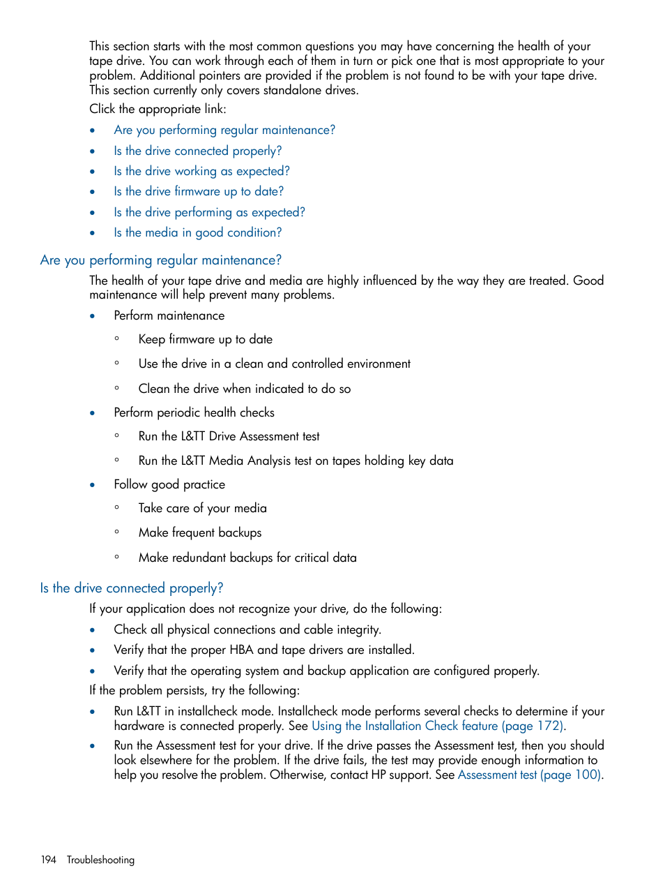Are you performing regular maintenance, Is the drive connected properly | HP StoreEver TapeAssure Software User Manual | Page 194 / 213