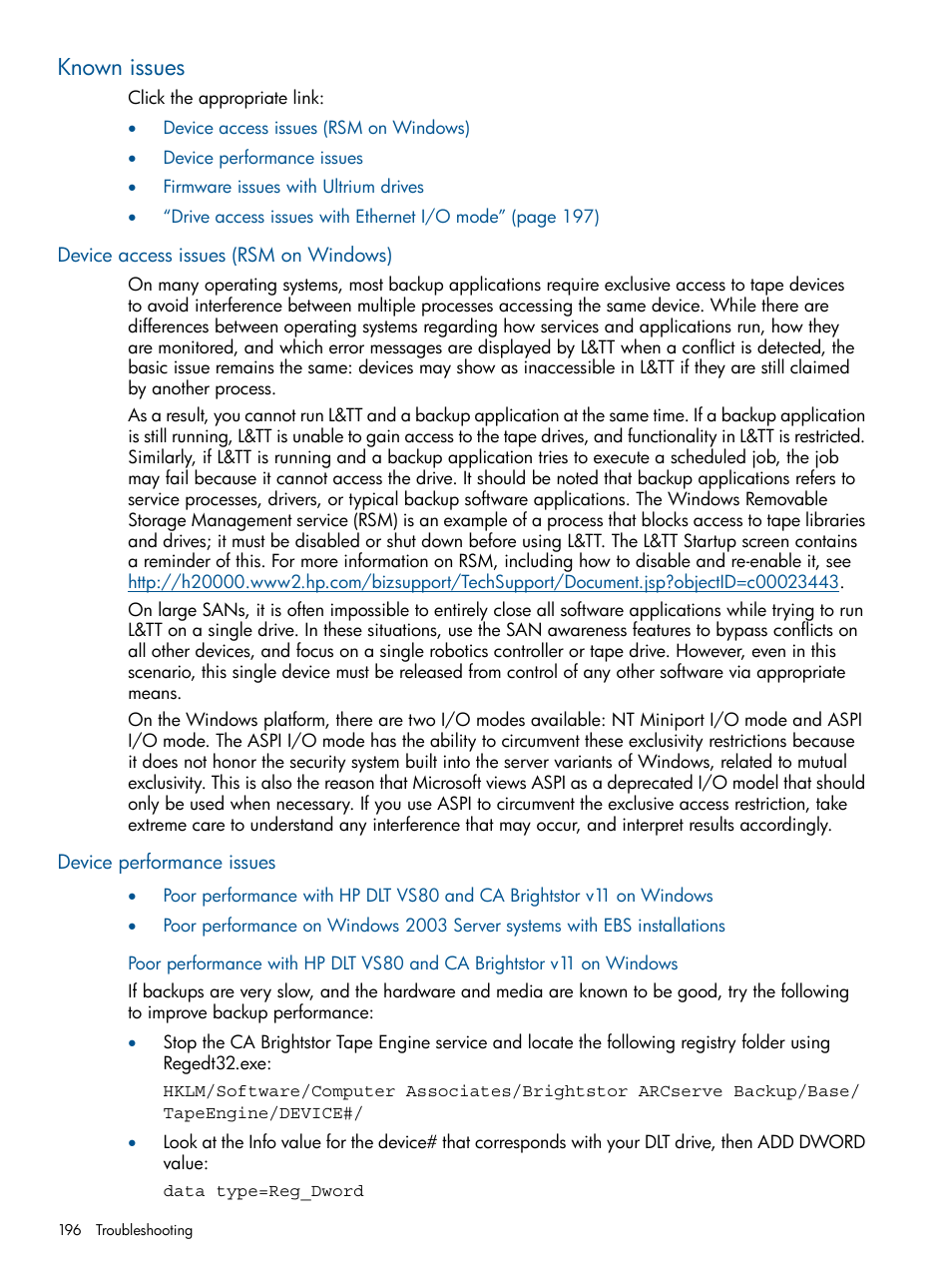 Known issues, Device access issues (rsm on windows), Device performance issues | HP StoreEver TapeAssure Software User Manual | Page 196 / 213