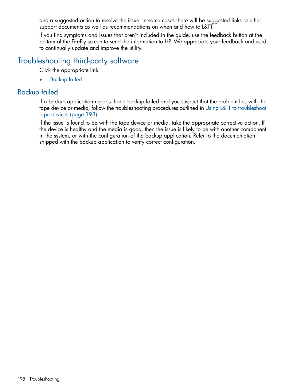 Troubleshooting third-party software, Backup failed | HP StoreEver TapeAssure Software User Manual | Page 198 / 213