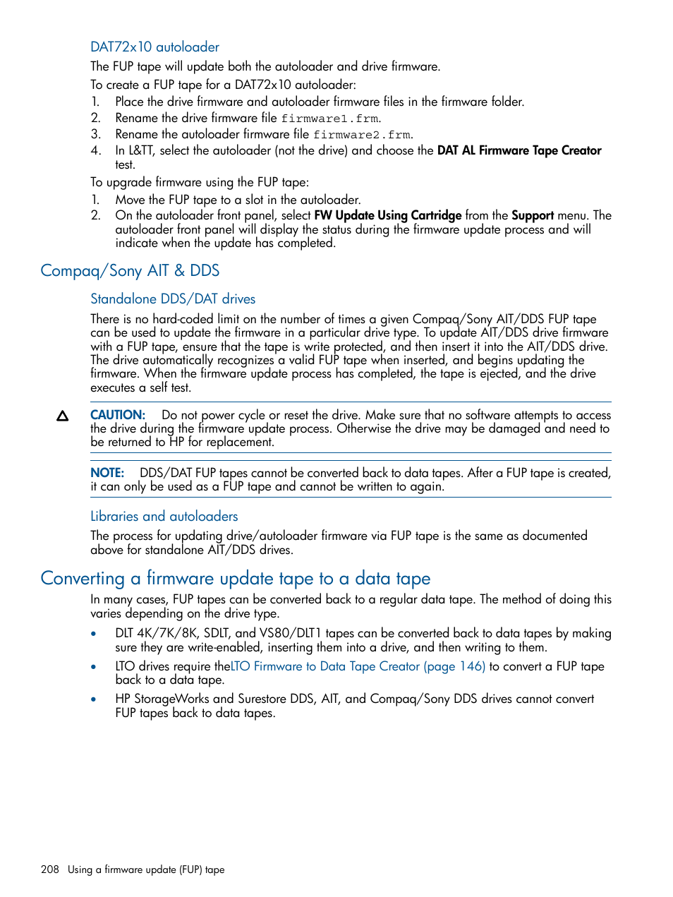 Compaq/sony ait & dds, Converting a firmware update tape to a data tape | HP StoreEver TapeAssure Software User Manual | Page 208 / 213