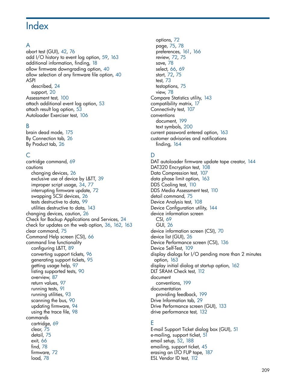 Index | HP StoreEver TapeAssure Software User Manual | Page 209 / 213