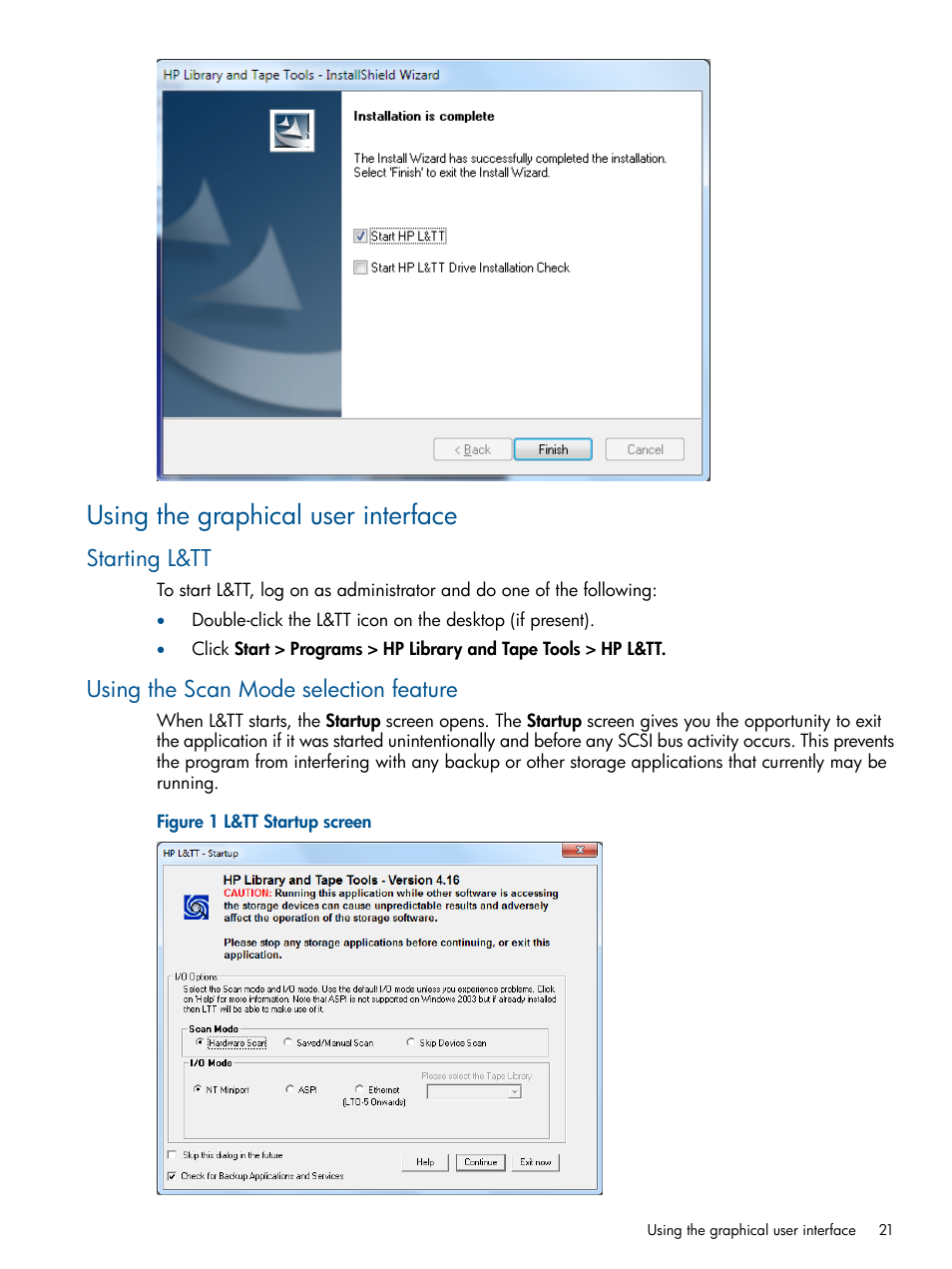Using the graphical user interface, Starting l&tt, Using the scan mode selection feature | HP StoreEver TapeAssure Software User Manual | Page 21 / 213