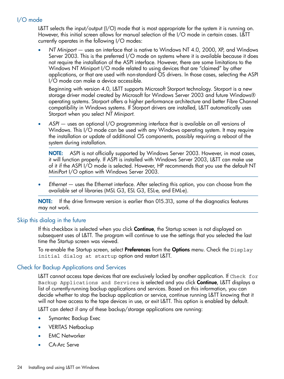 I/o mode, Skip this dialog in the future, Check for backup applications and services | HP StoreEver TapeAssure Software User Manual | Page 24 / 213
