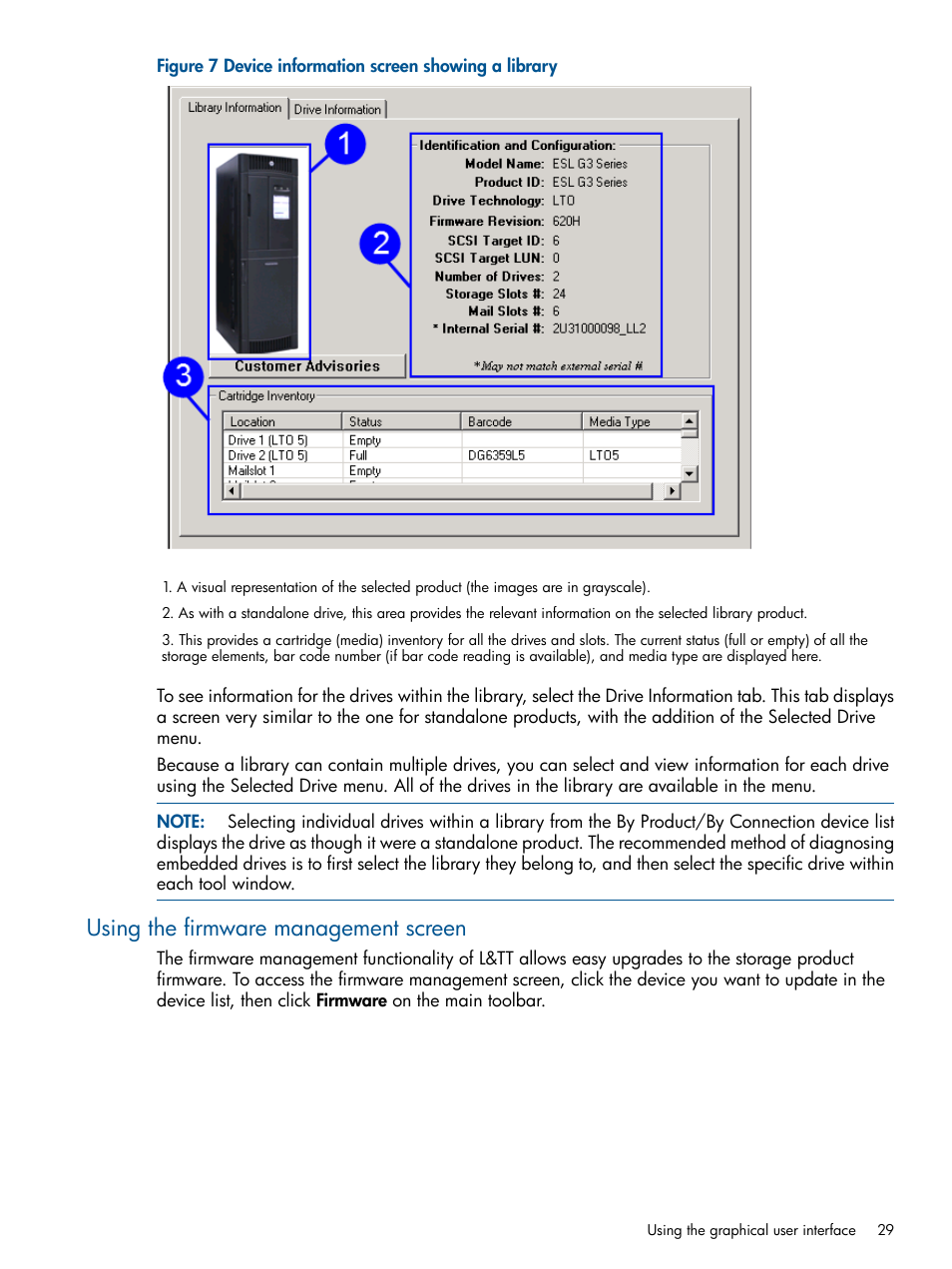 Using the firmware management screen | HP StoreEver TapeAssure Software User Manual | Page 29 / 213