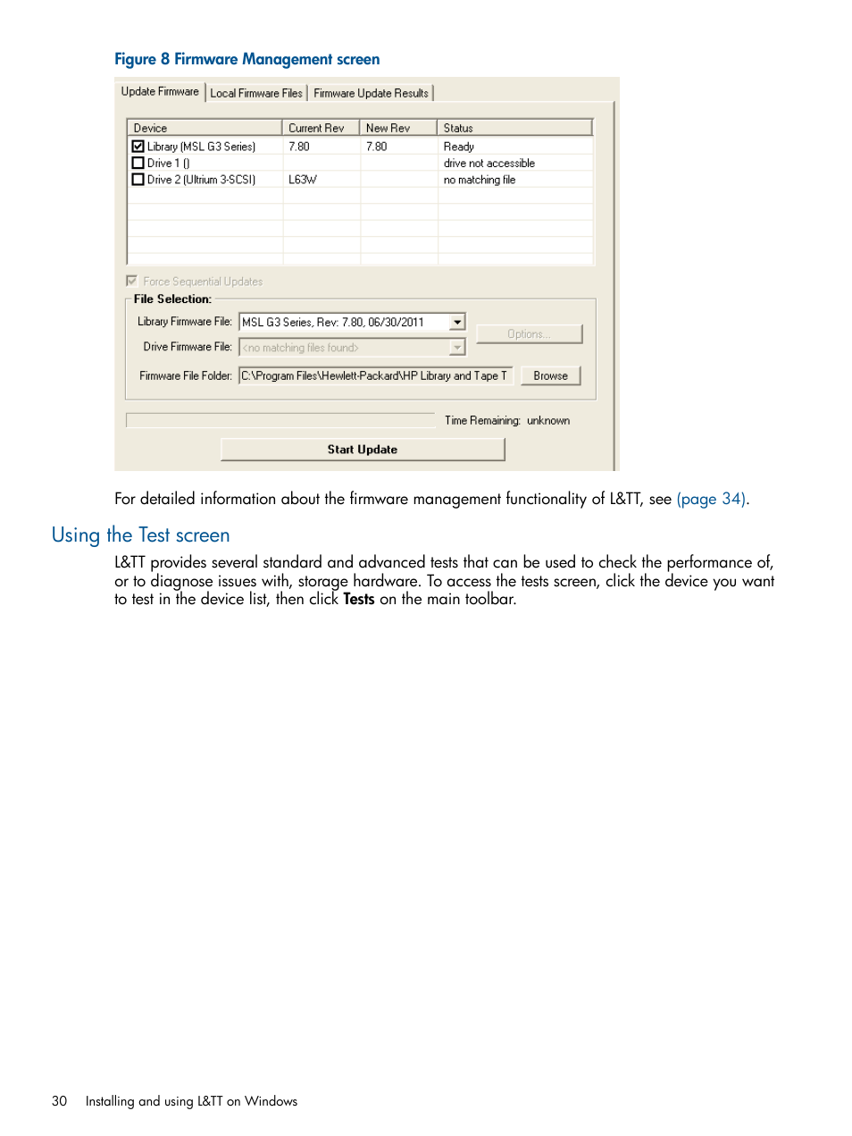 Using the test screen | HP StoreEver TapeAssure Software User Manual | Page 30 / 213