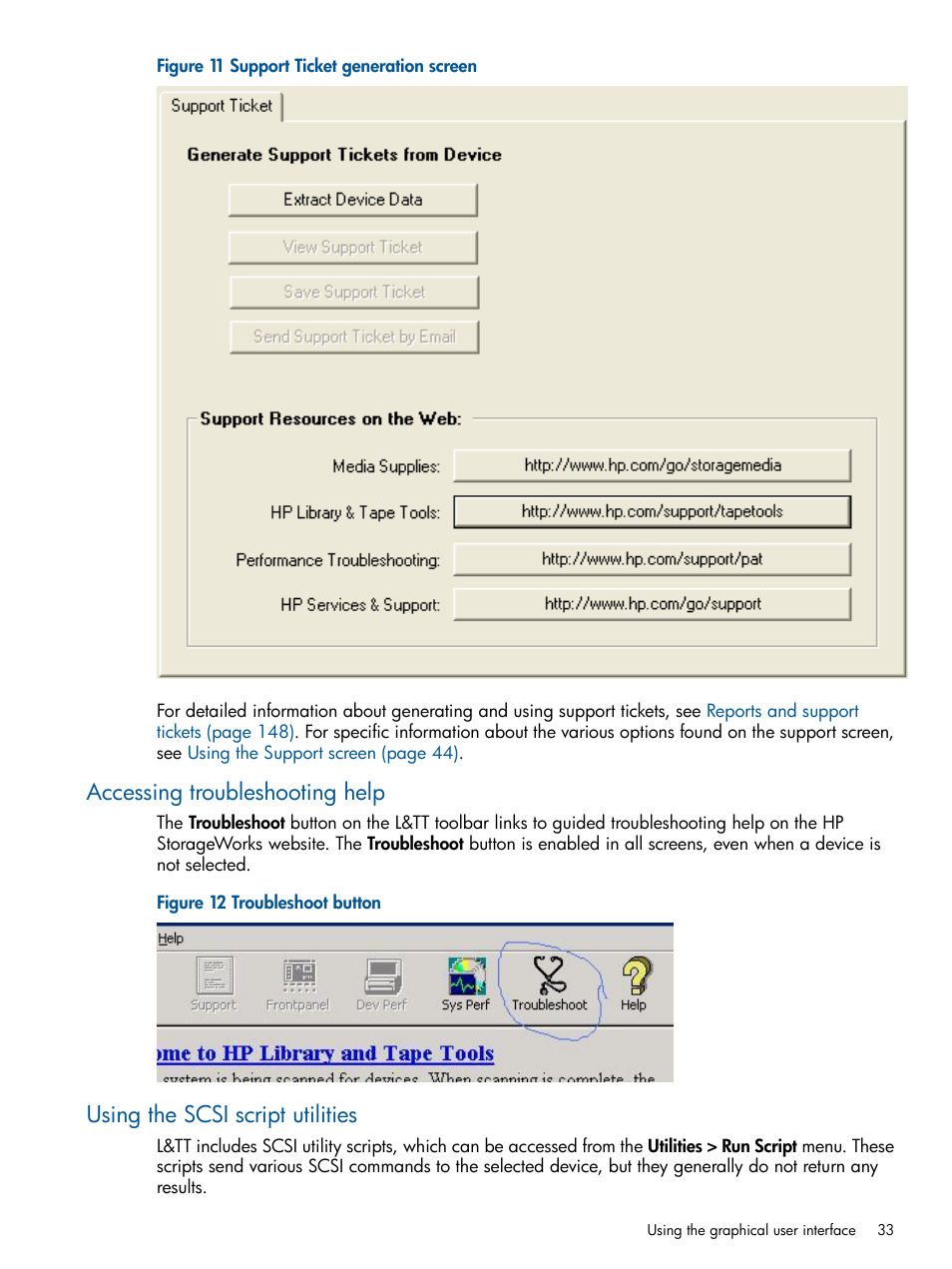 Accessing troubleshooting help, Using the scsi script utilities | HP StoreEver TapeAssure Software User Manual | Page 33 / 213