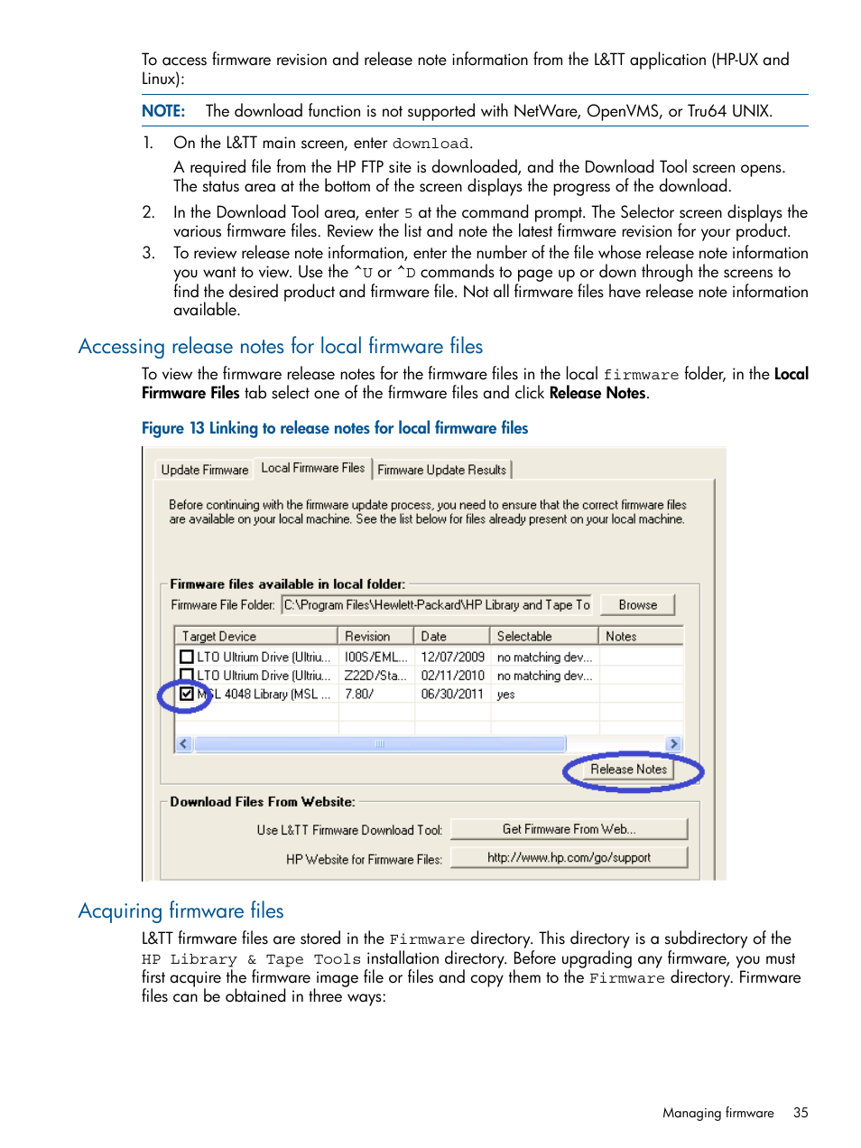 Accessing release notes for local firmware files, Acquiring firmware files | HP StoreEver TapeAssure Software User Manual | Page 35 / 213