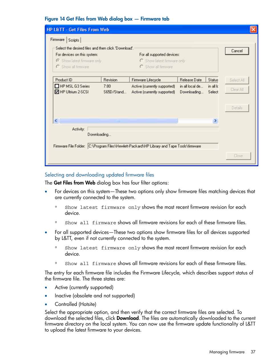 Selecting and downloading updated firmware files | HP StoreEver TapeAssure Software User Manual | Page 37 / 213