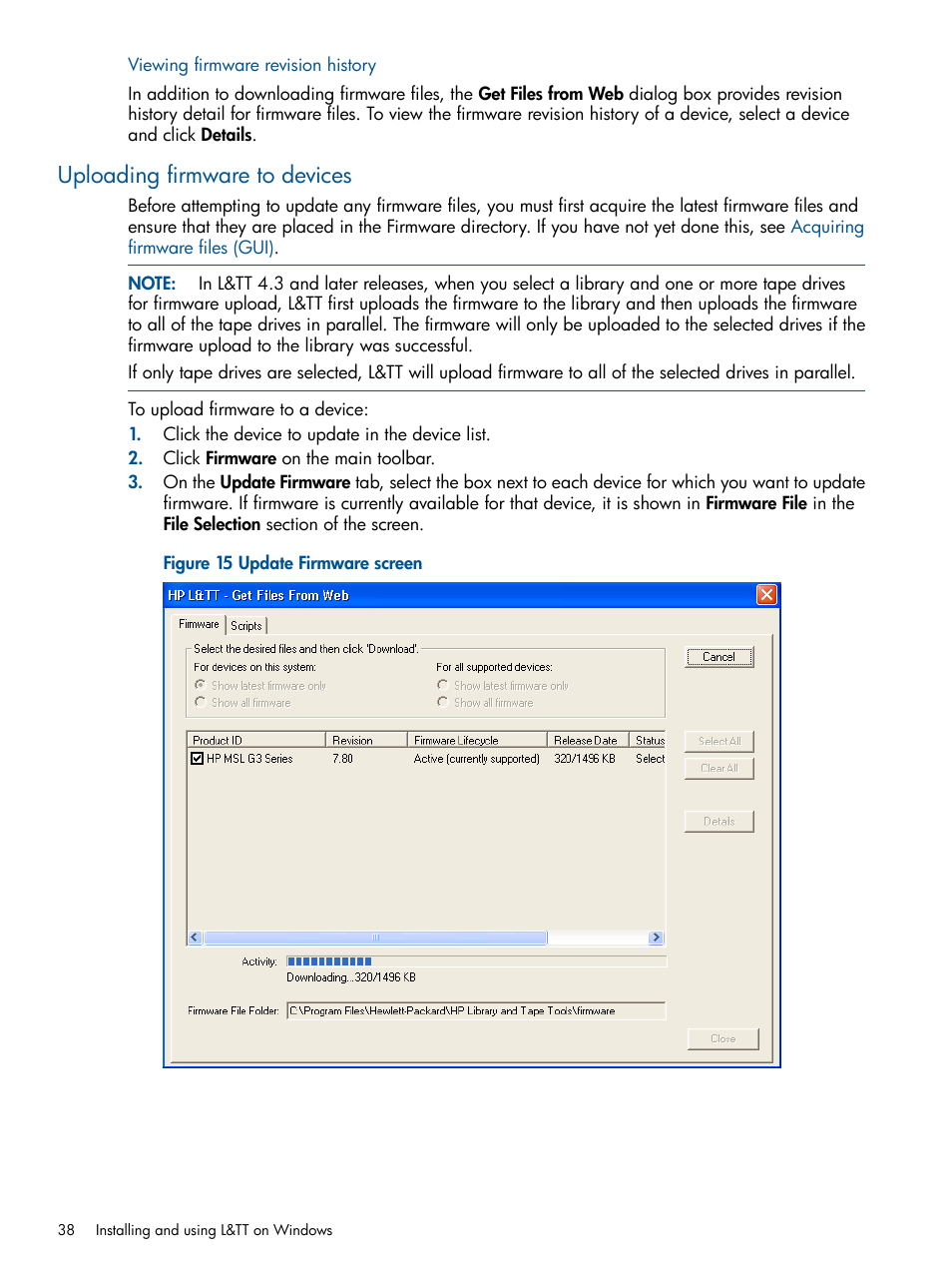 Viewing firmware revision history, Uploading firmware to devices | HP StoreEver TapeAssure Software User Manual | Page 38 / 213