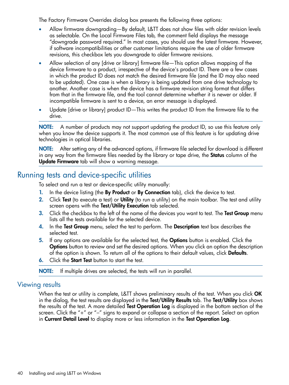 Running tests and device-specific utilities, Viewing results | HP StoreEver TapeAssure Software User Manual | Page 40 / 213