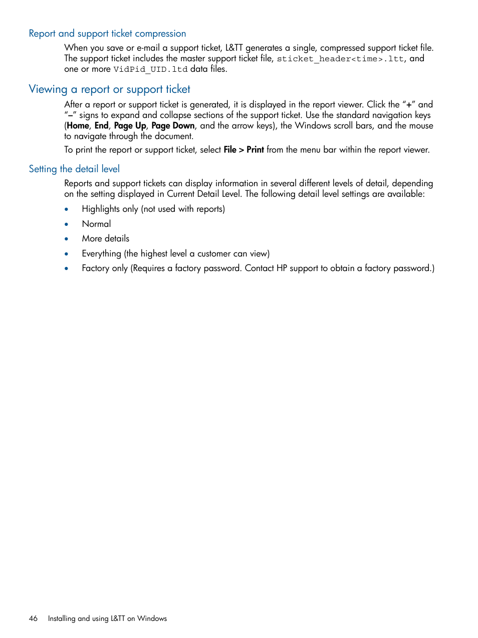 Report and support ticket compression, Viewing a report or support ticket, Setting the detail level | HP StoreEver TapeAssure Software User Manual | Page 46 / 213