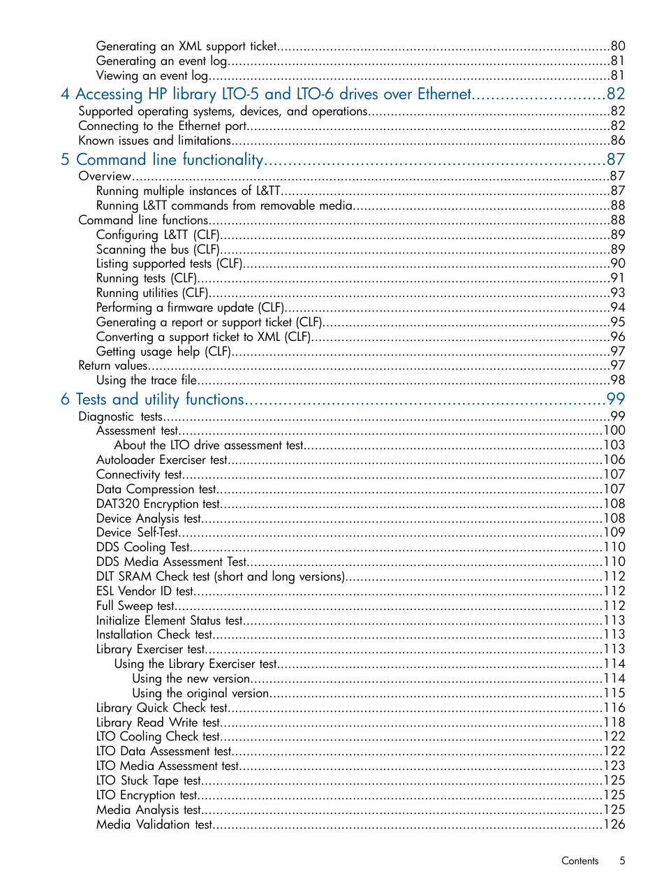 5 command line functionality, 6 tests and utility functions | HP StoreEver TapeAssure Software User Manual | Page 5 / 213