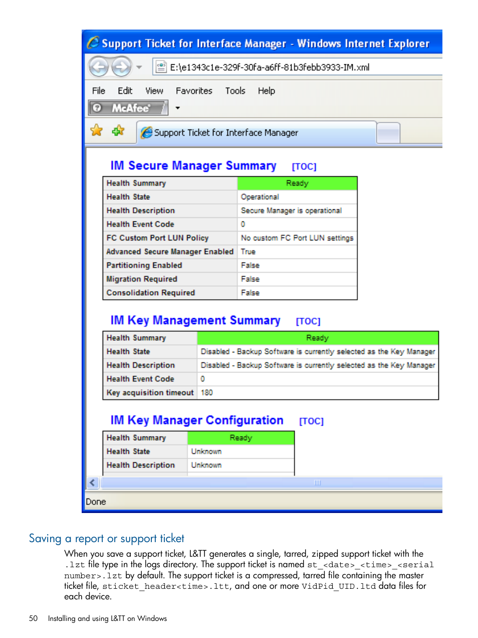 Saving a report or support ticket | HP StoreEver TapeAssure Software User Manual | Page 50 / 213