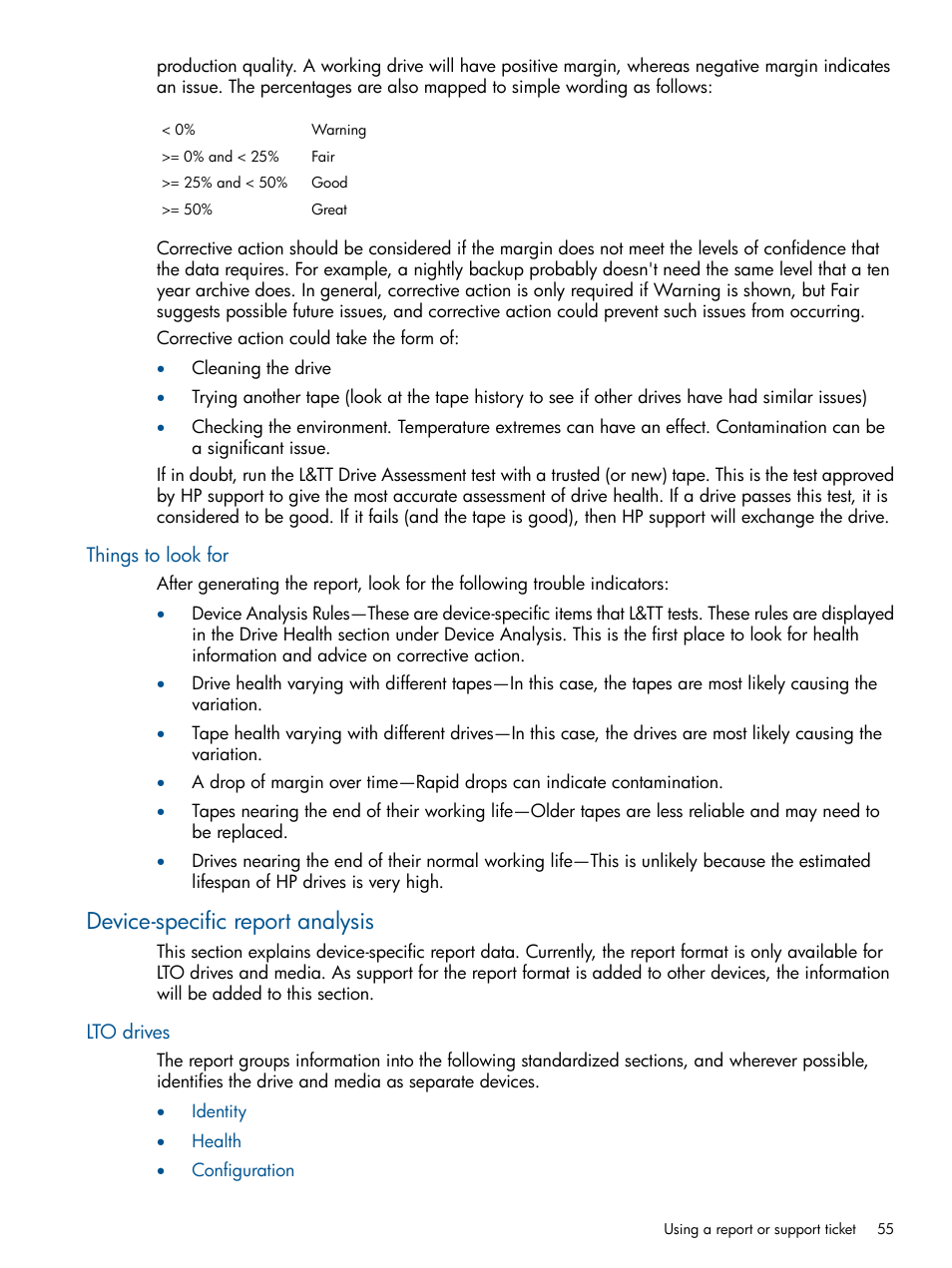 Things to look for, Device-specific report analysis, Lto drives | HP StoreEver TapeAssure Software User Manual | Page 55 / 213