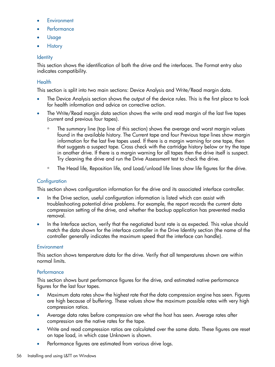Identity, Health, Configuration | Environment, Performance | HP StoreEver TapeAssure Software User Manual | Page 56 / 213