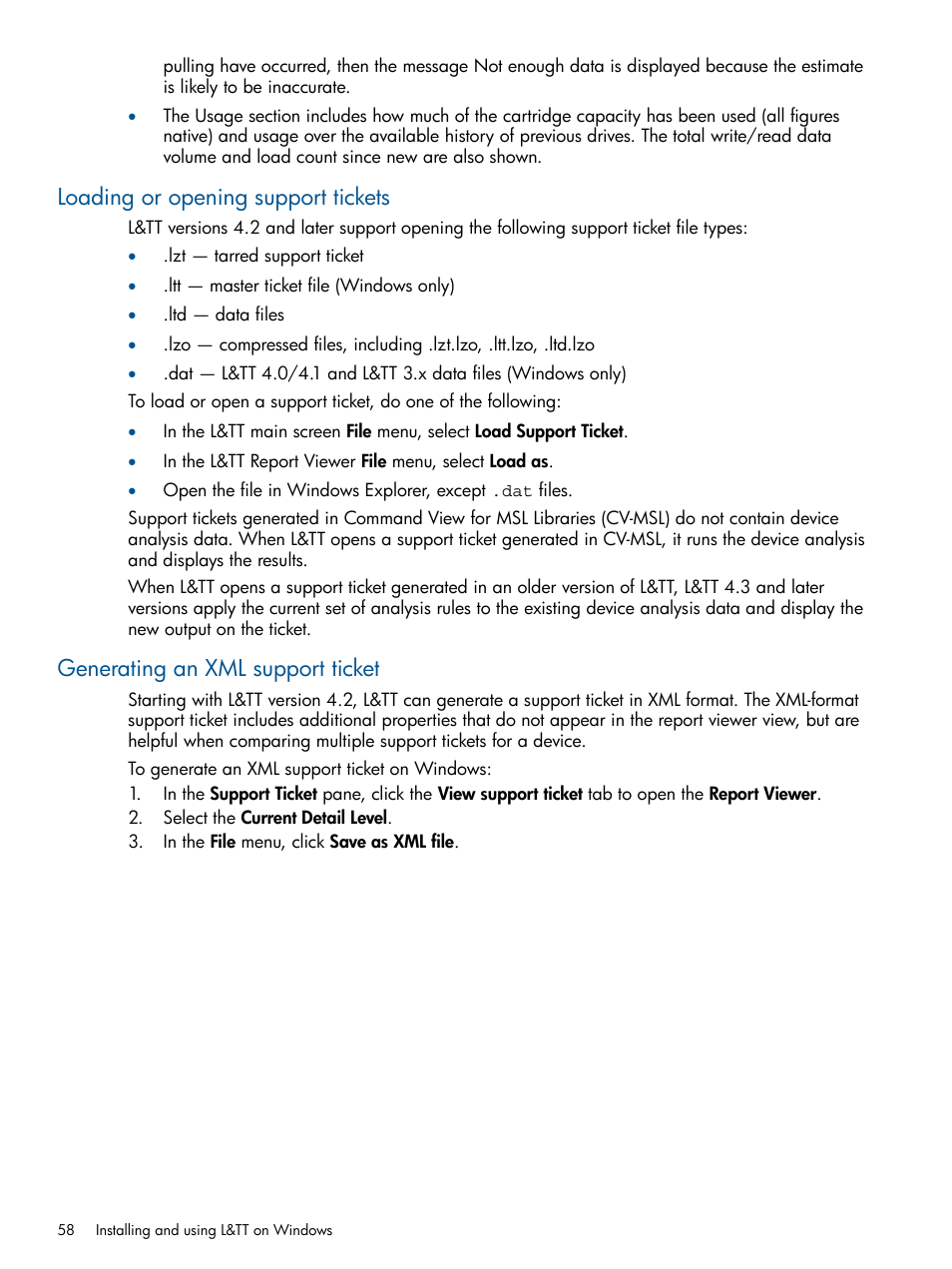 Loading or opening support tickets, Generating an xml support ticket | HP StoreEver TapeAssure Software User Manual | Page 58 / 213