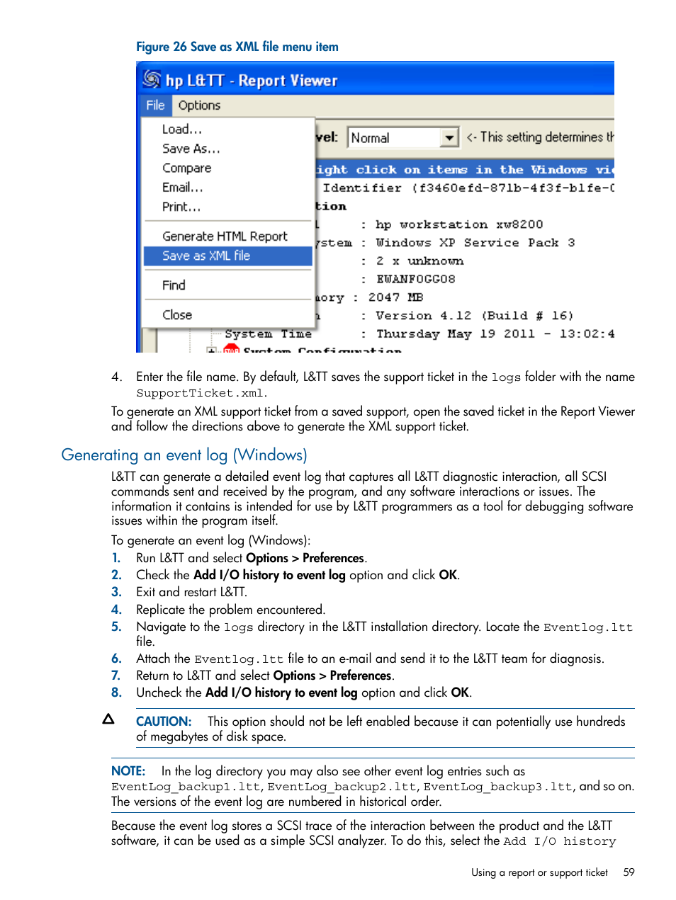 Generating an event log (windows) | HP StoreEver TapeAssure Software User Manual | Page 59 / 213