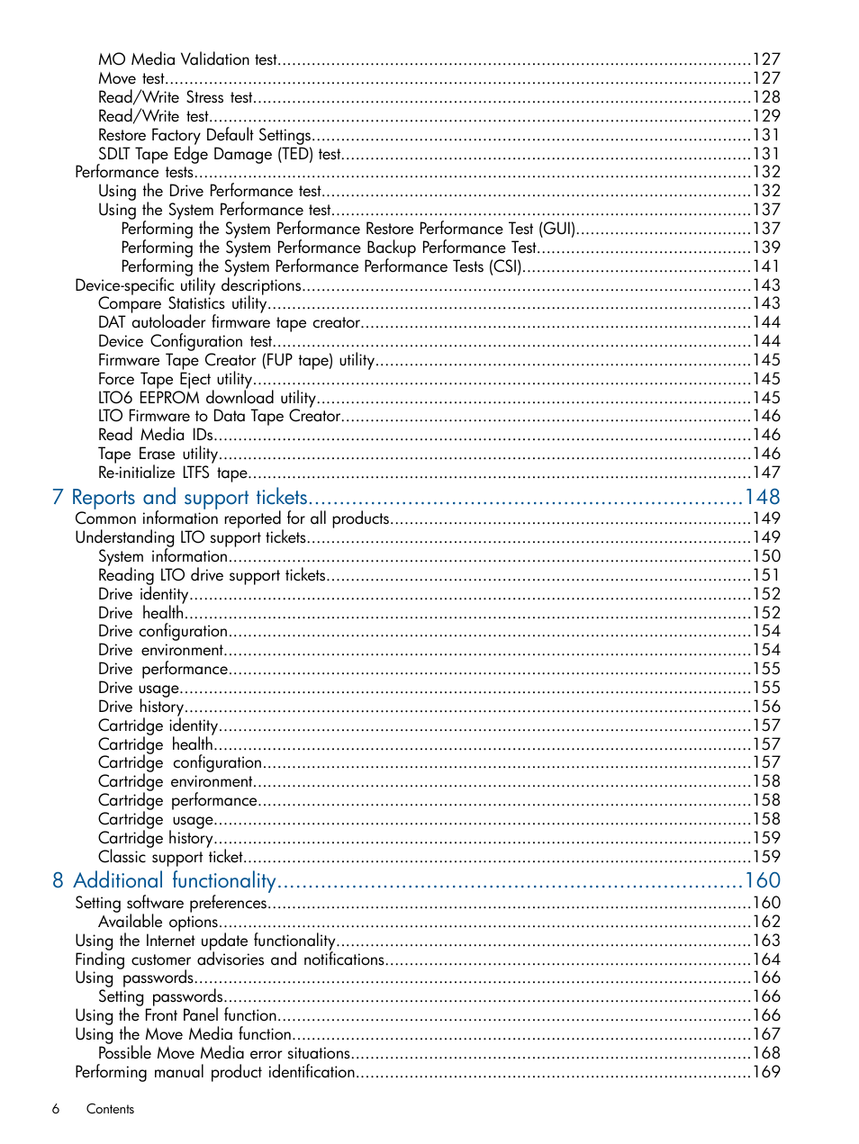 7 reports and support tickets, 8 additional functionality | HP StoreEver TapeAssure Software User Manual | Page 6 / 213