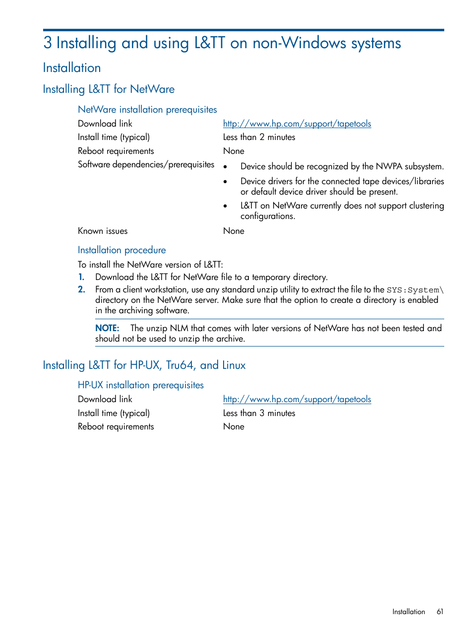3 installing and using l&tt on non-windows systems, Installation, Installing l&tt for netware | Installing l&tt for hp-ux, tru64, and linux | HP StoreEver TapeAssure Software User Manual | Page 61 / 213