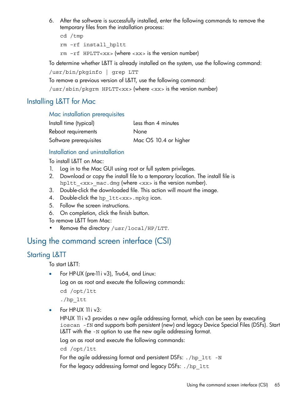 Installing l&tt for mac, Using the command screen interface (csi), Starting l&tt | HP StoreEver TapeAssure Software User Manual | Page 65 / 213