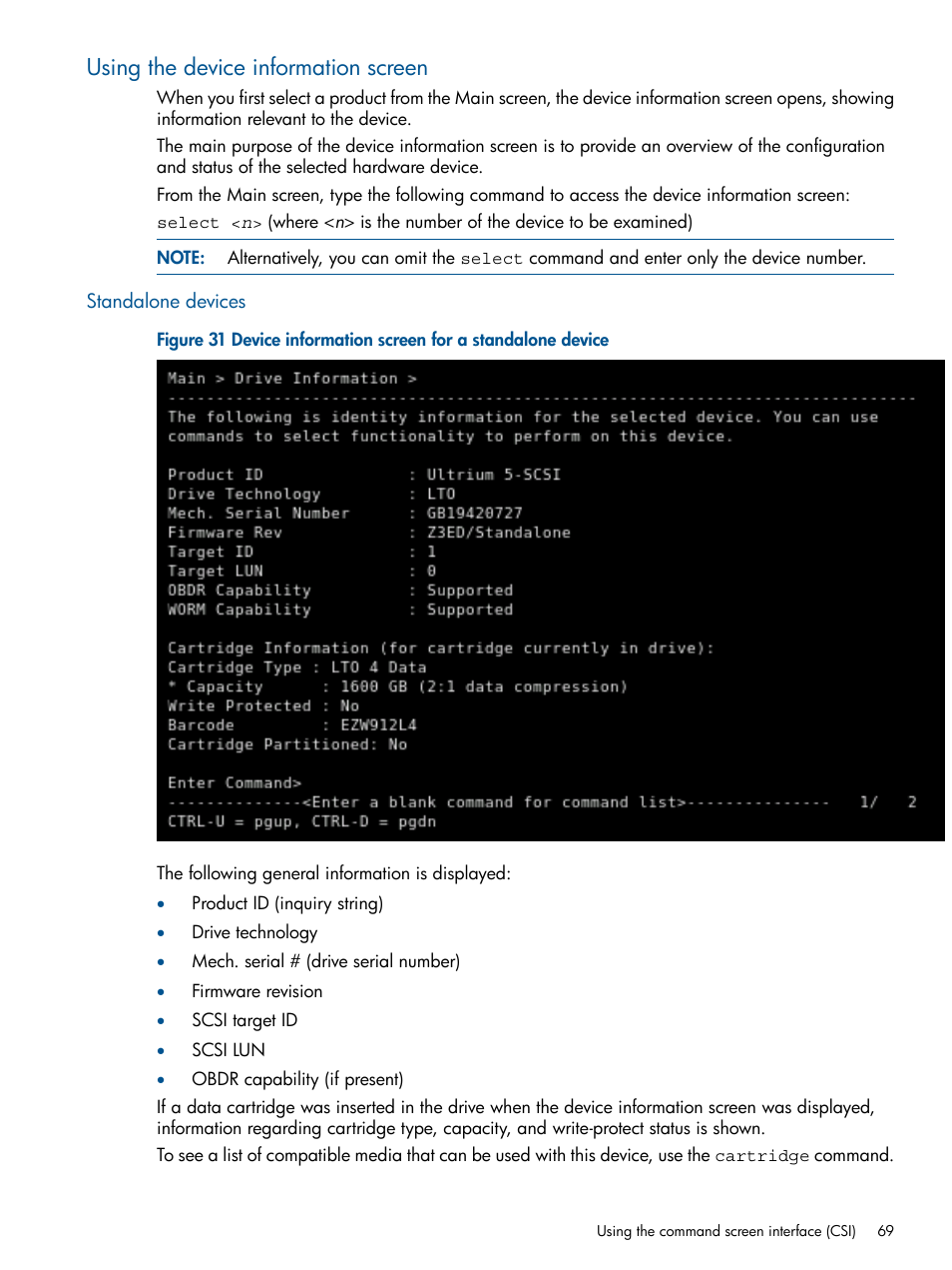 Using the device information screen, Standalone devices | HP StoreEver TapeAssure Software User Manual | Page 69 / 213