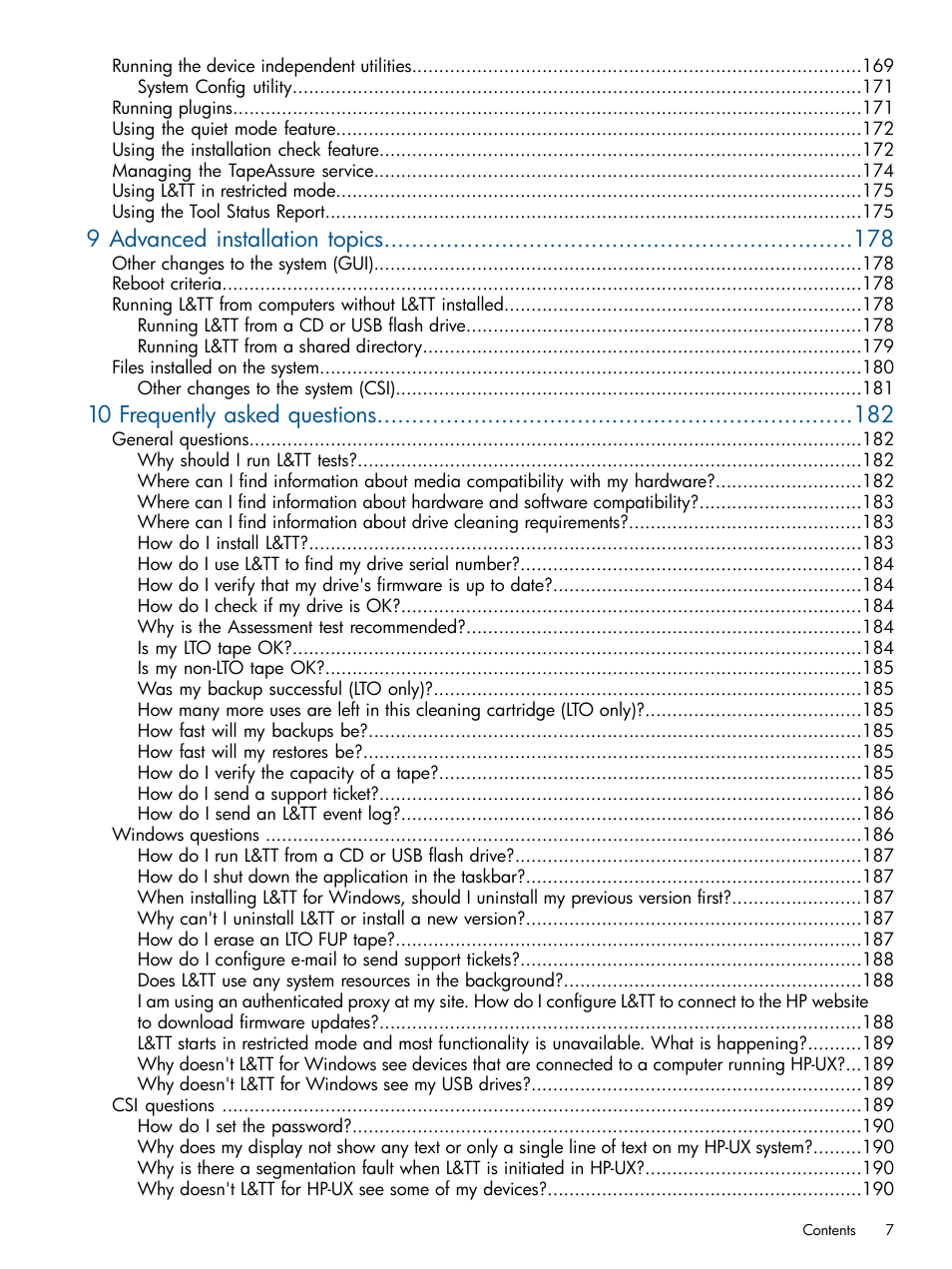 9 advanced installation topics, 10 frequently asked questions | HP StoreEver TapeAssure Software User Manual | Page 7 / 213