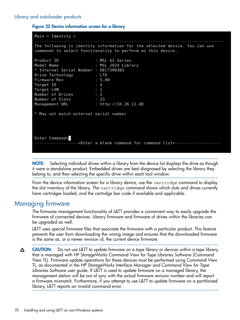 Library and autoloader products, Managing firmware | HP StoreEver TapeAssure Software User Manual | Page 70 / 213