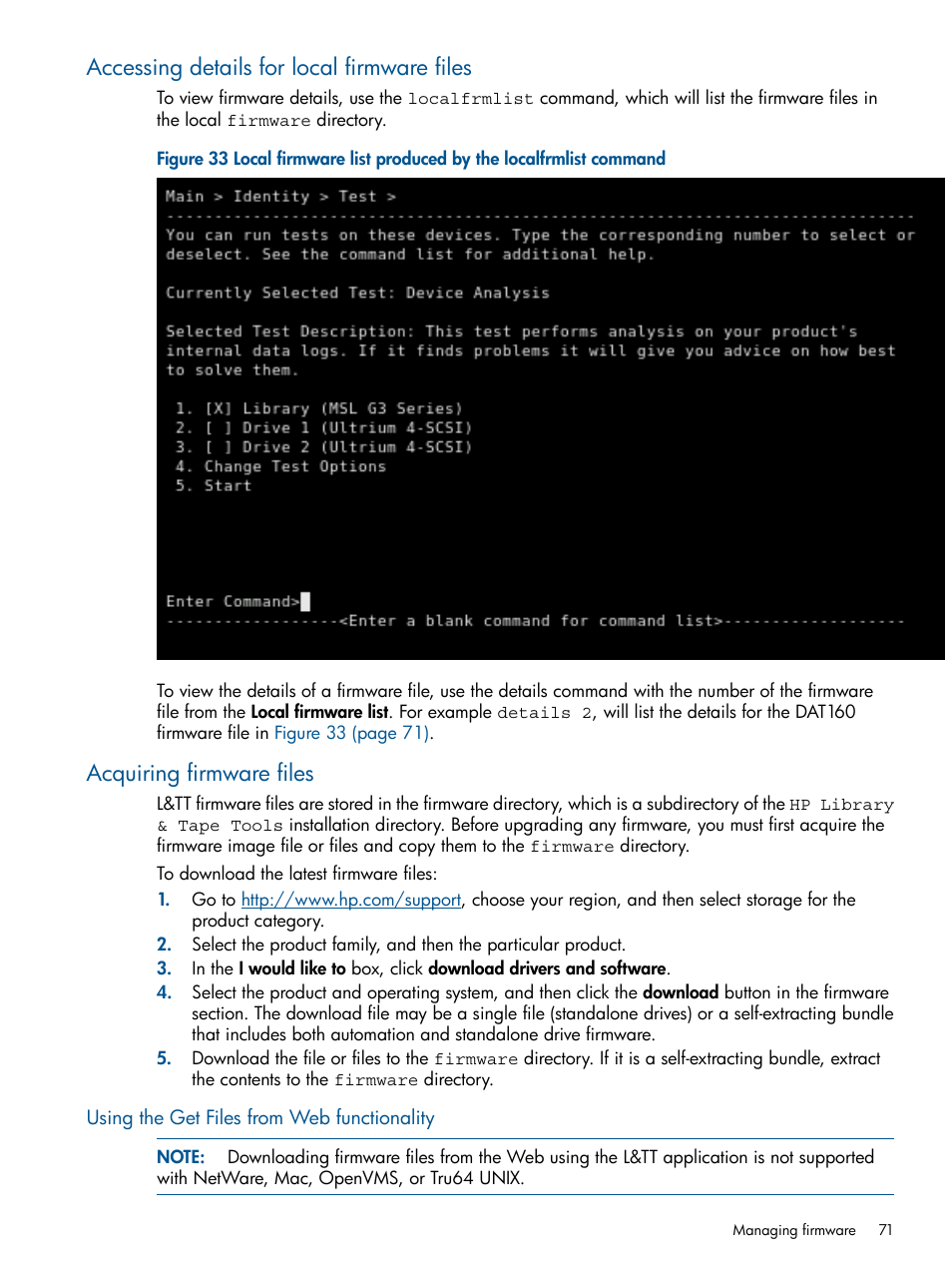 Accessing details for local firmware files, Acquiring firmware files, Using the get files from web functionality | HP StoreEver TapeAssure Software User Manual | Page 71 / 213