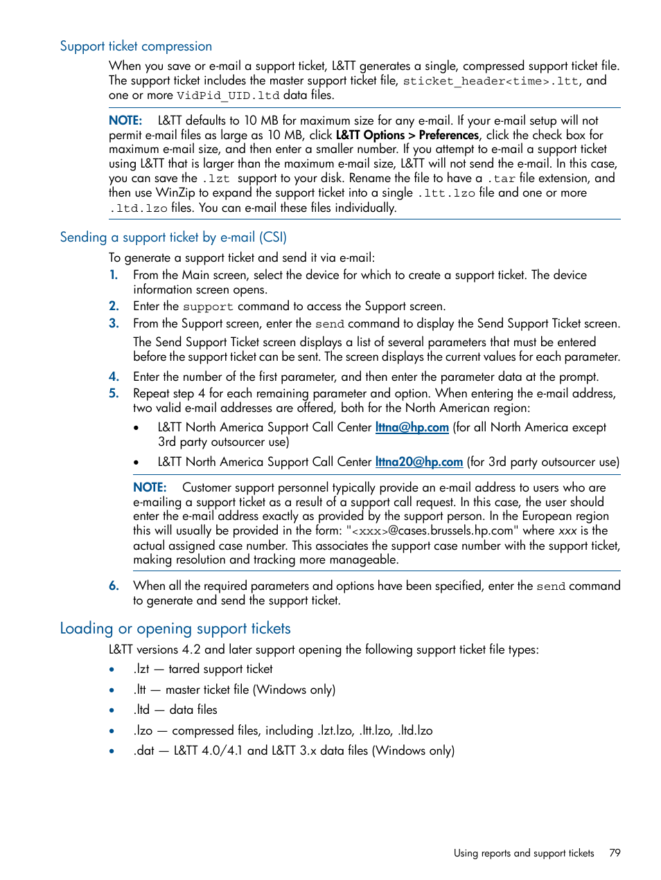 Support ticket compression, Sending a support ticket by e-mail (csi), Loading or opening support tickets | Sending a | HP StoreEver TapeAssure Software User Manual | Page 79 / 213