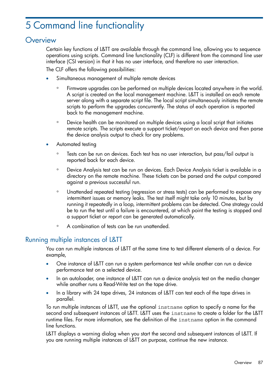 5 command line functionality, Overview, Running multiple instances of l&tt | HP StoreEver TapeAssure Software User Manual | Page 87 / 213