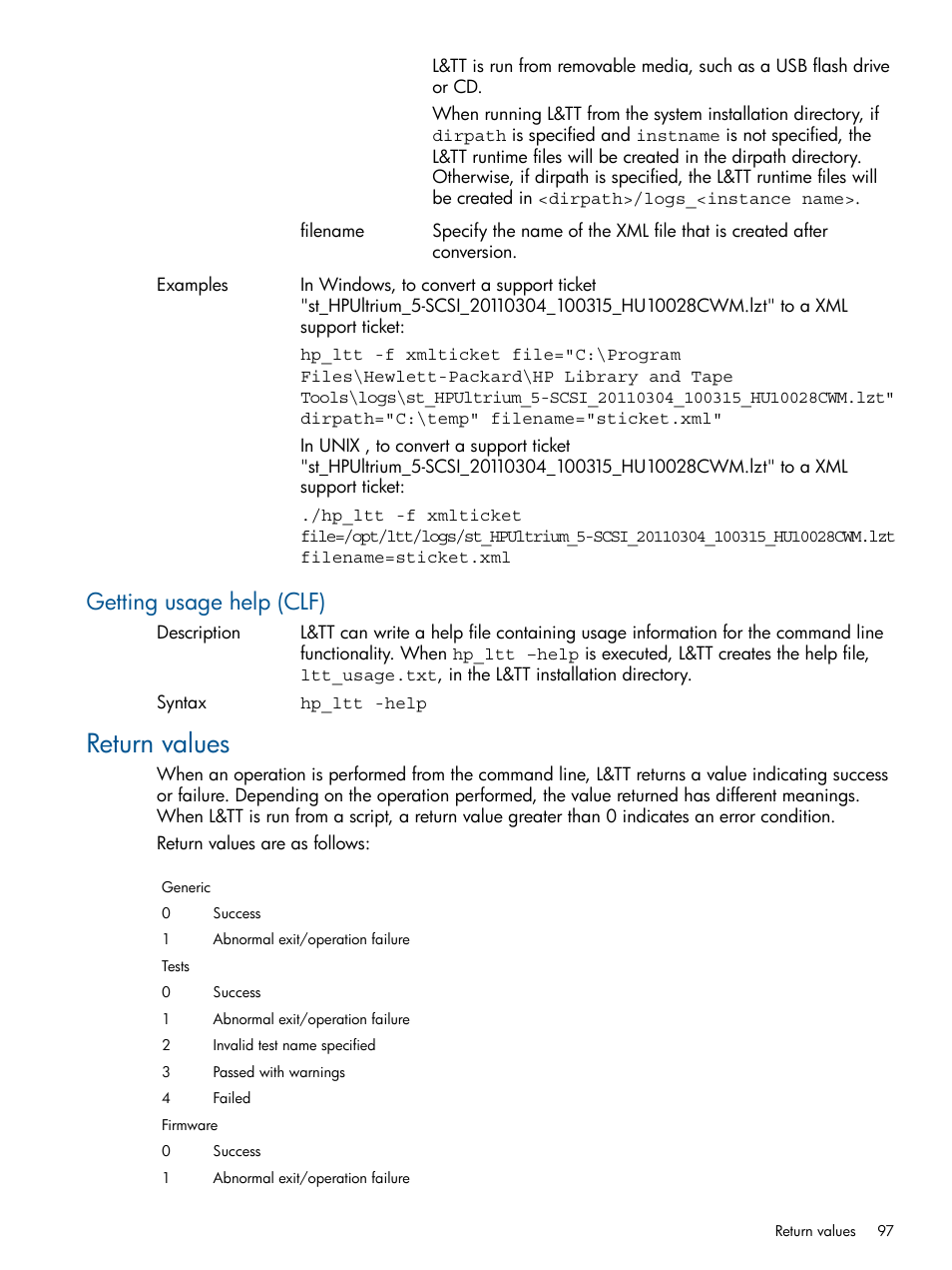 Getting usage help (clf), Return values | HP StoreEver TapeAssure Software User Manual | Page 97 / 213
