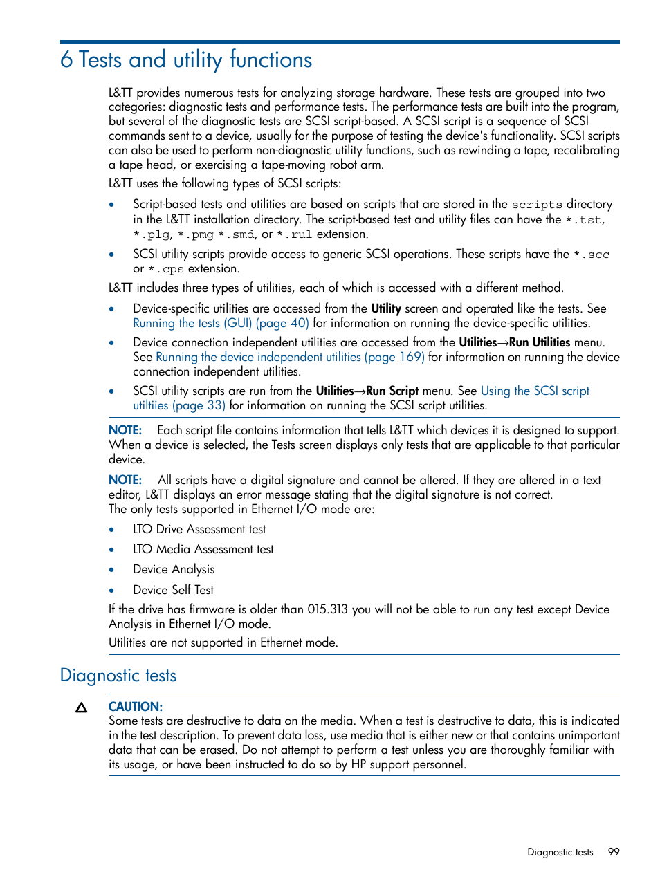 6 tests and utility functions, Diagnostic tests | HP StoreEver TapeAssure Software User Manual | Page 99 / 213