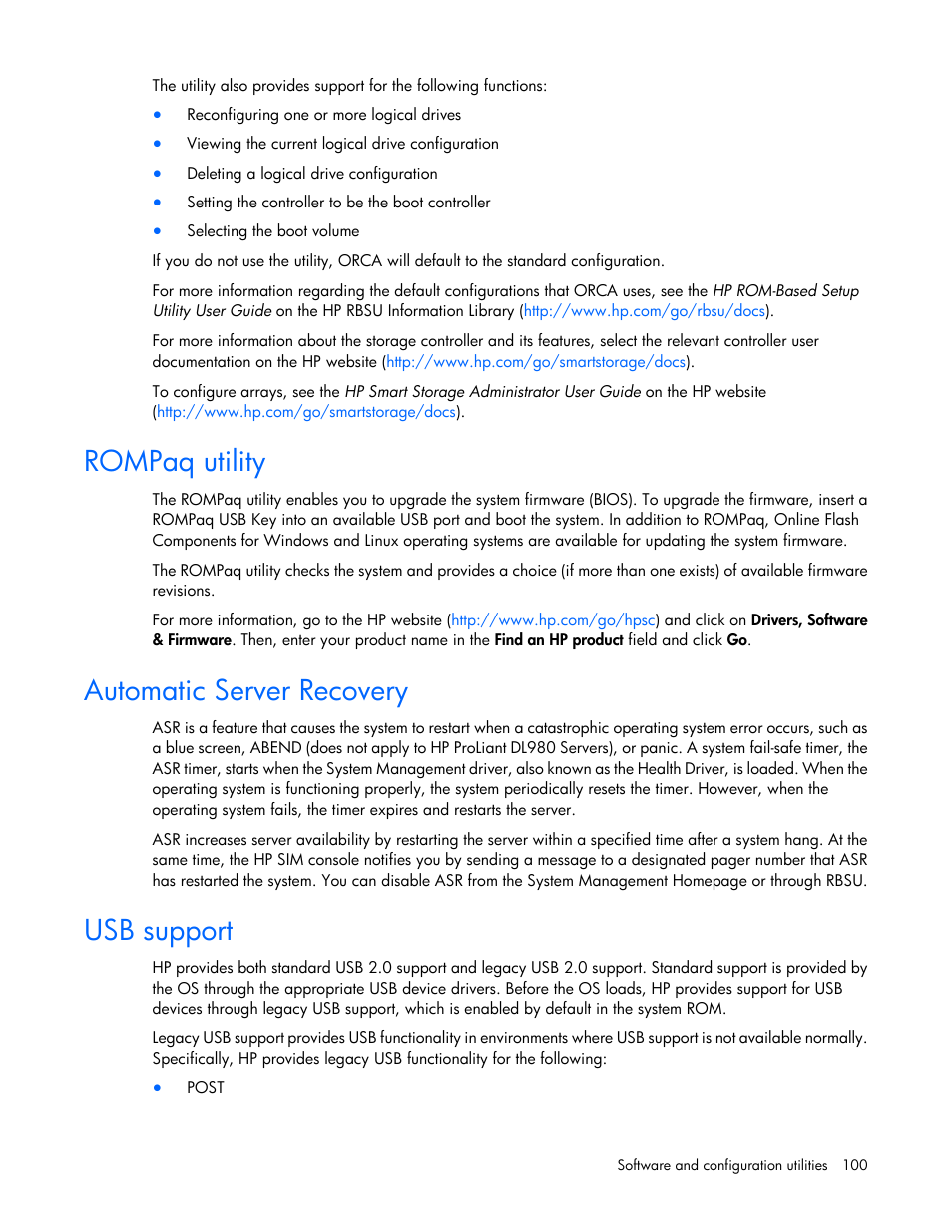 Rompaq utility, Automatic server recovery, Usb support | HP ProLiant ML350e Gen8 v2-Server User Manual | Page 100 / 129
