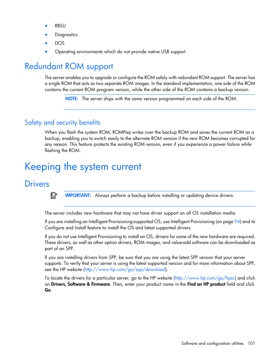 Redundant rom support, Safety and security benefits, Keeping the system current | Drivers | HP ProLiant ML350e Gen8 v2-Server User Manual | Page 101 / 129