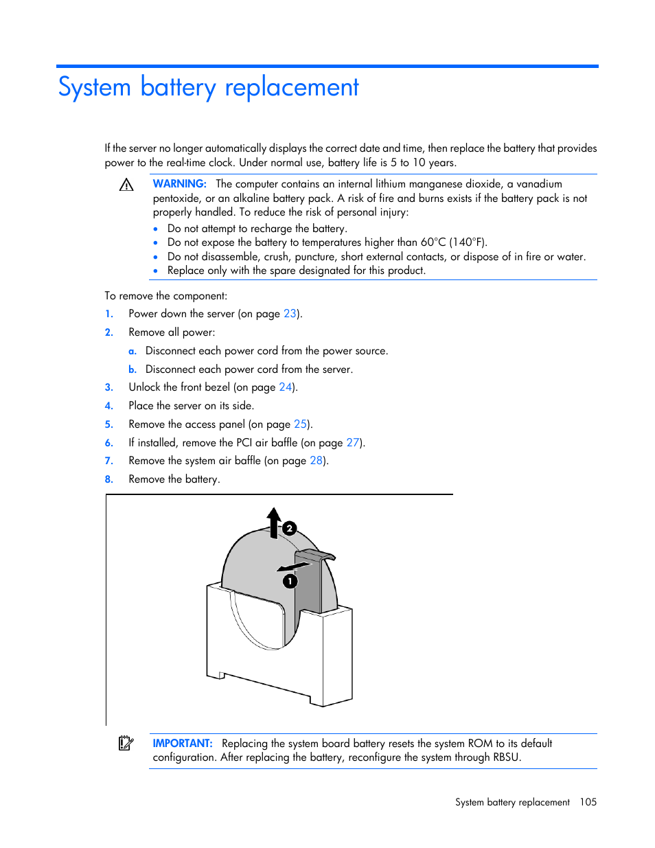 System battery replacement | HP ProLiant ML350e Gen8 v2-Server User Manual | Page 105 / 129