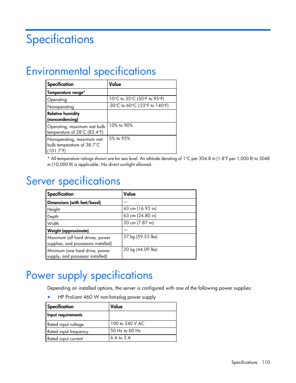 Specifications, Environmental specifications, Server specifications | Power supply specifications | HP ProLiant ML350e Gen8 v2-Server User Manual | Page 110 / 129