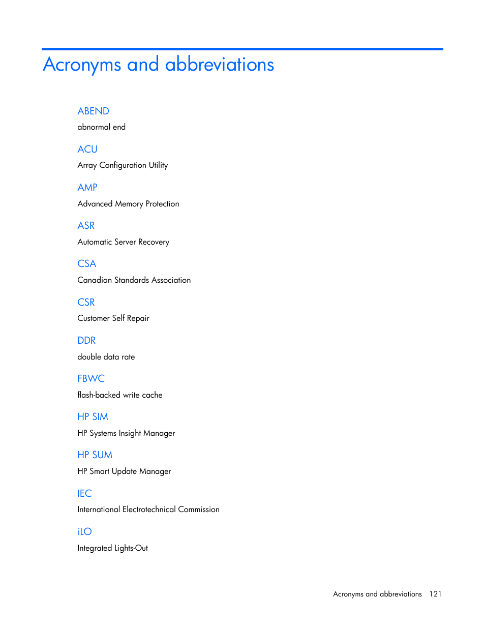 Acronyms and abbreviations | HP ProLiant ML350e Gen8 v2-Server User Manual | Page 121 / 129