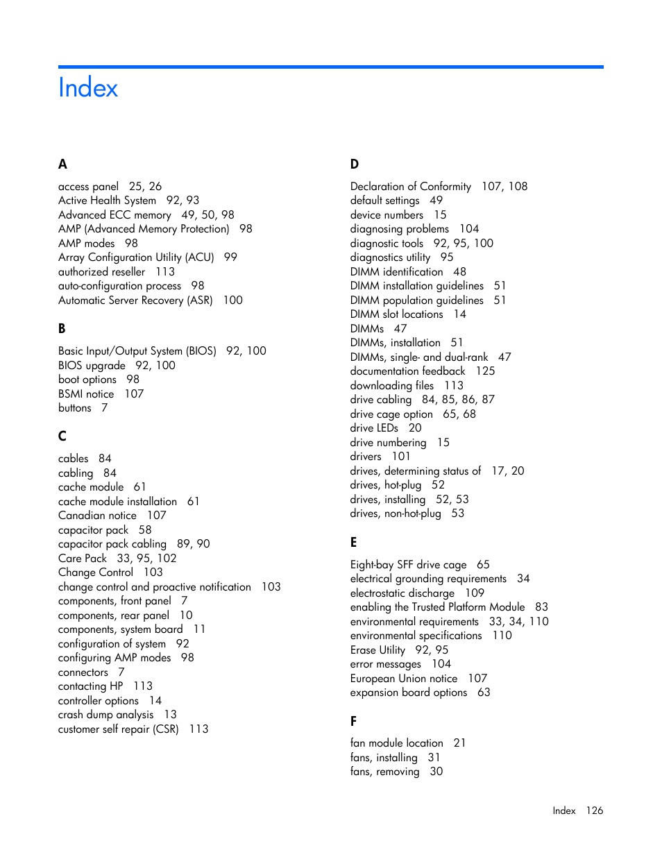 Index | HP ProLiant ML350e Gen8 v2-Server User Manual | Page 126 / 129