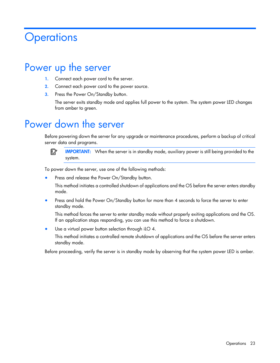 Operations, Power up the server, Power down the server | HP ProLiant ML350e Gen8 v2-Server User Manual | Page 23 / 129