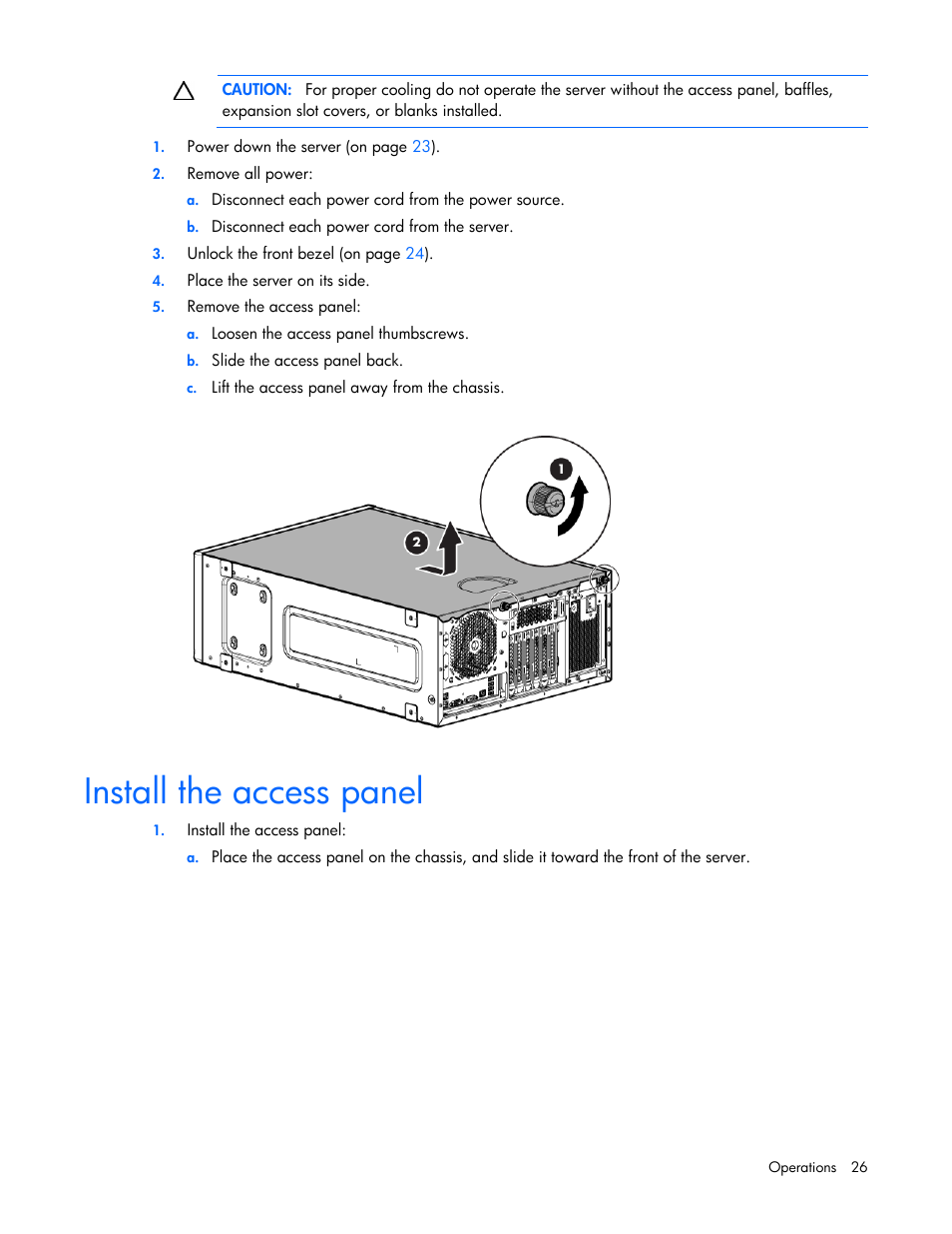 Install the access panel | HP ProLiant ML350e Gen8 v2-Server User Manual | Page 26 / 129
