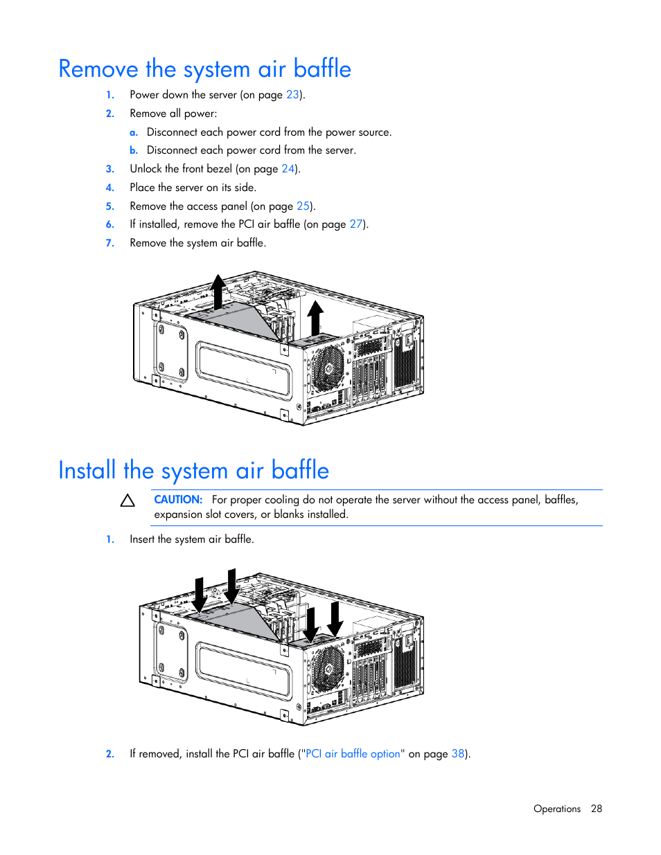 Remove the system air baffle, Install the system air baffle | HP ProLiant ML350e Gen8 v2-Server User Manual | Page 28 / 129